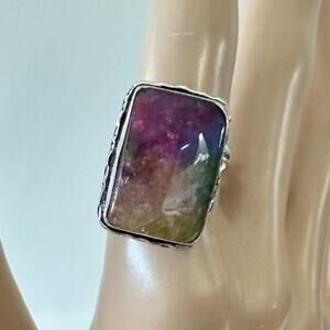 💕 Solar Quartz Rectangle Gemstone Ring 925 Stamped Silver Plated Adjustable New